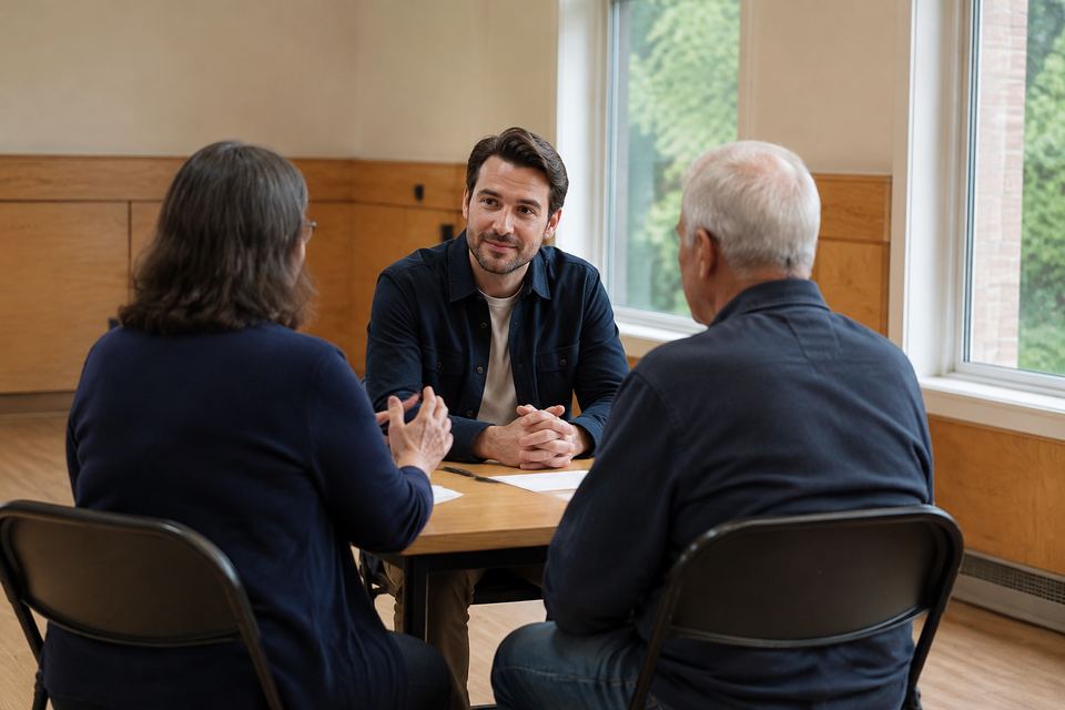 Une personne écoute attentivement deux autres pendant une consultation citoyenne simulée, à hauteur de regard.