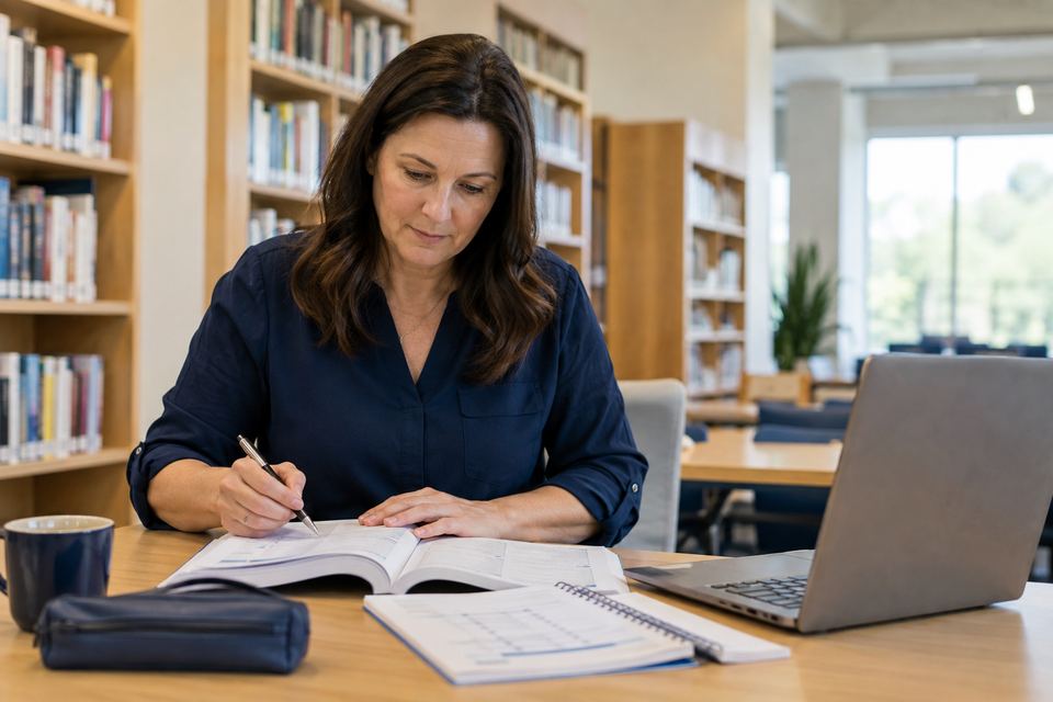 Une personne révise un cahier ouvert et une liste de vérification à côté d'un ordinateur portable, dans un coin d'étude lumineux.